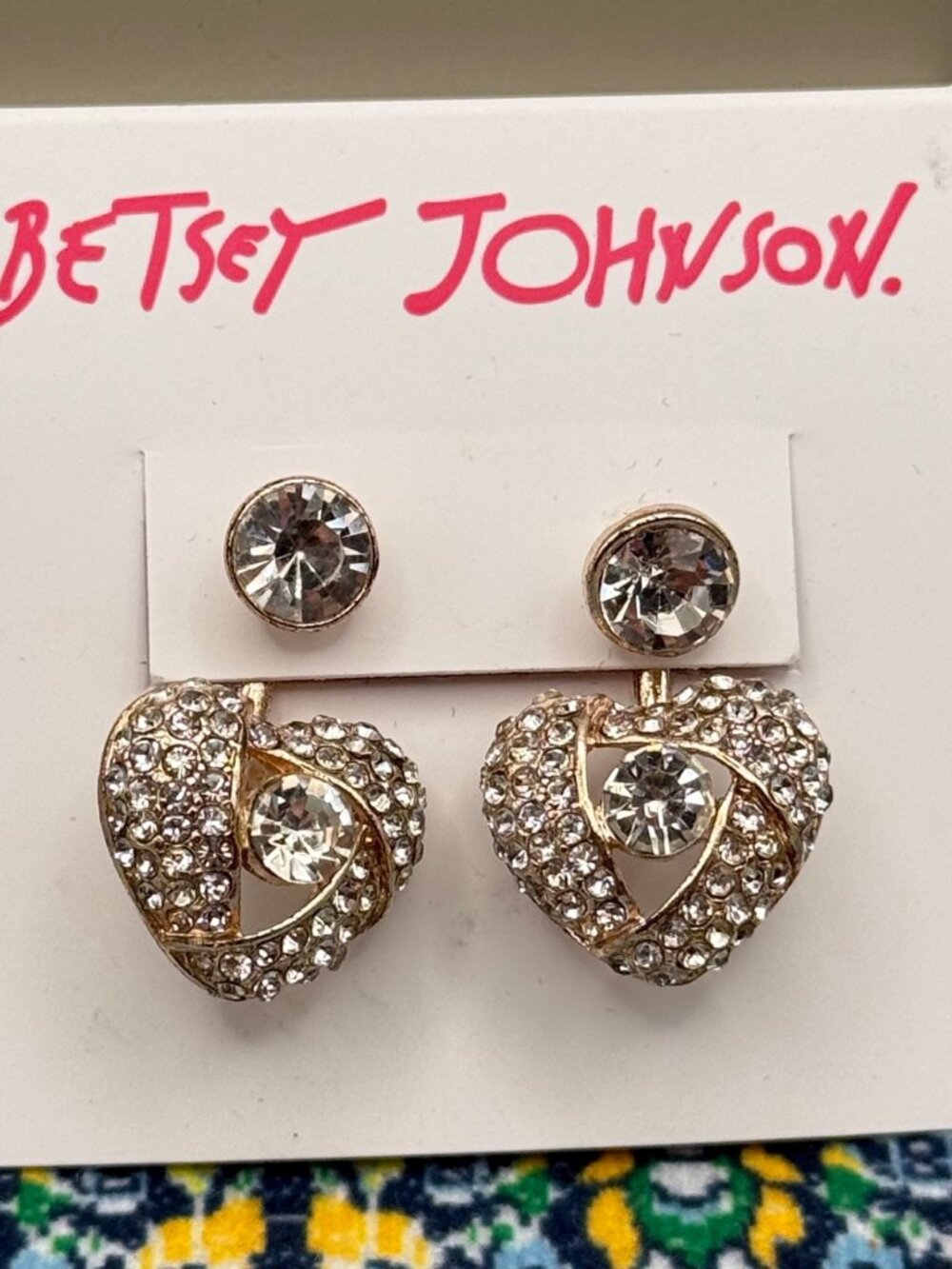 Betsey Johnson Crystal Heart Drop Earrings Gold Pave NWT